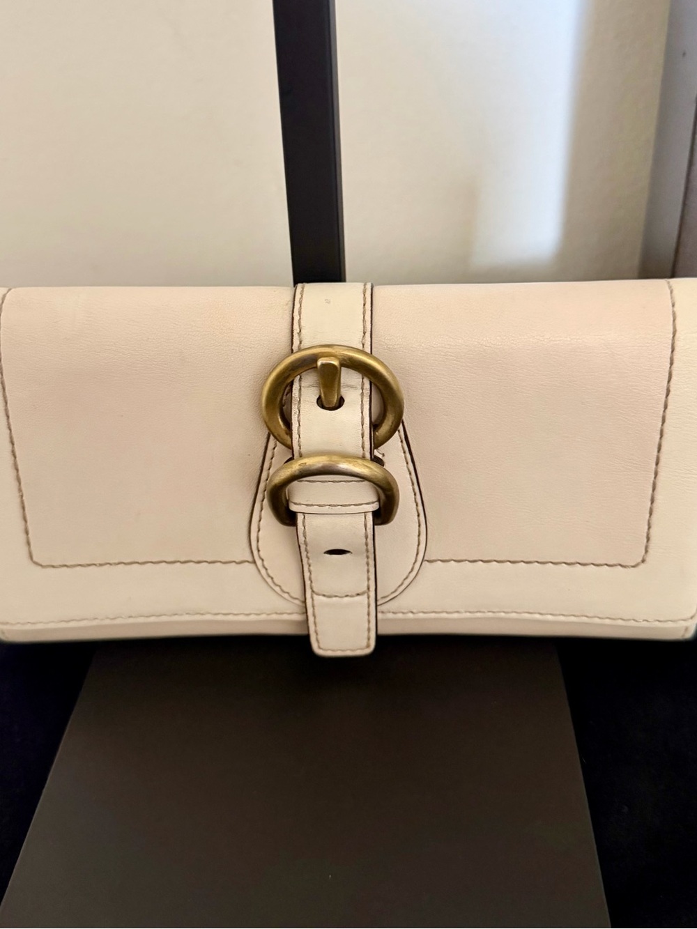 Coach Cream Leather Buckle Clutch with Brass-Tone Hardware
